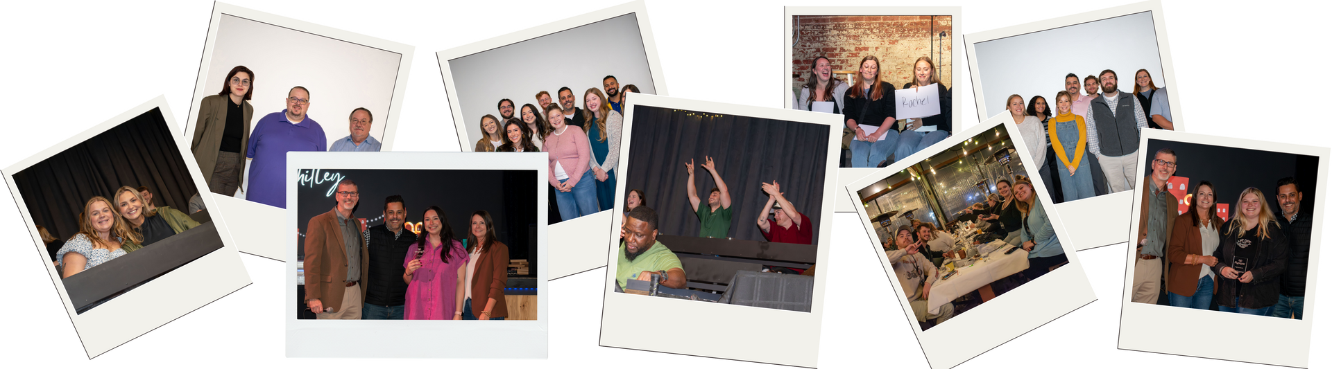 A collage of pictures of people standing next to each other on a white background.