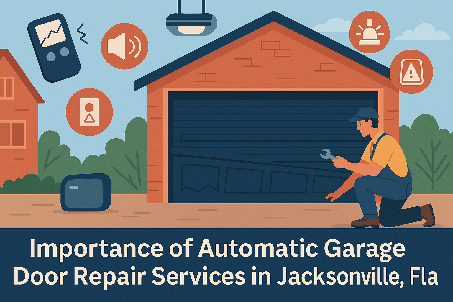 Garage door repair in Jacksonville, FL: Technician fixing a damaged door. Includes alert icons and a remote control.