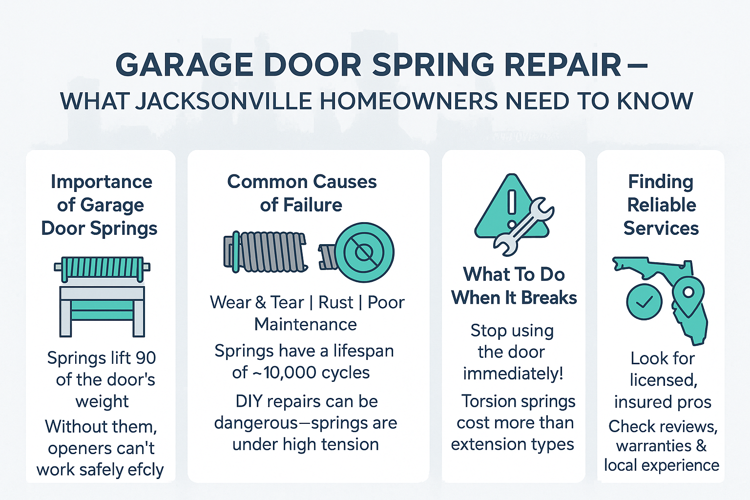 Infographic: Garage door spring repair info for Jacksonville homeowners. Includes causes, what to do, finding services.