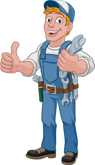 Mechanic giving a thumbs up, holding wrenches; wearing blue overalls and a cap.