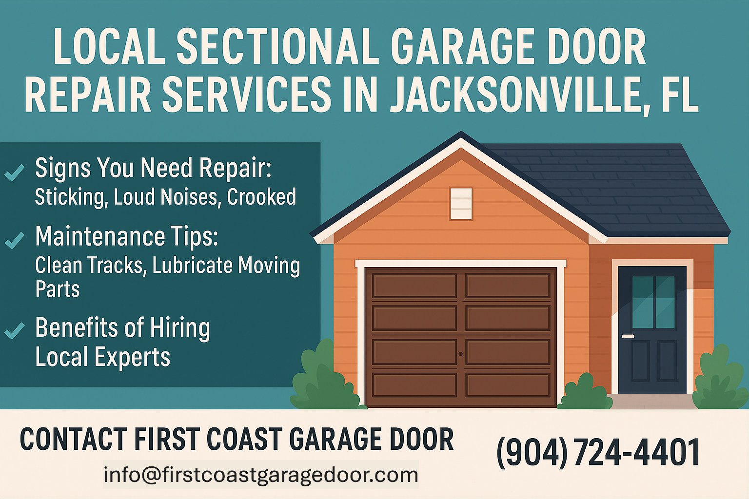 Advertisement for garage door repair services in Jacksonville, FL. Shows a house with a garage door.