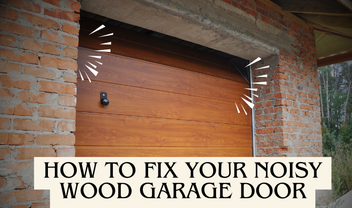 A wood garage door with text 