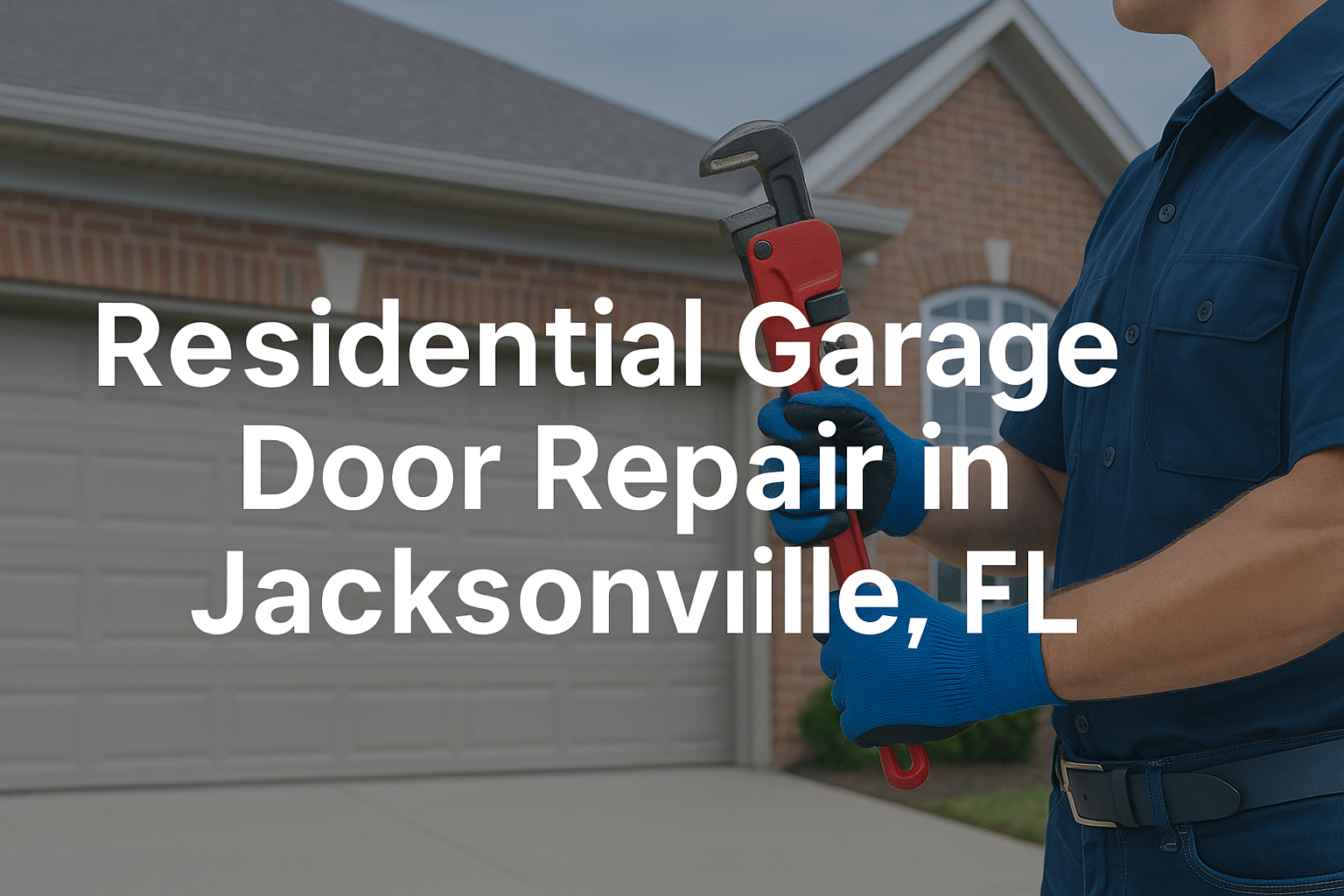 Man repairing garage door with wrench in Jacksonville, FL.