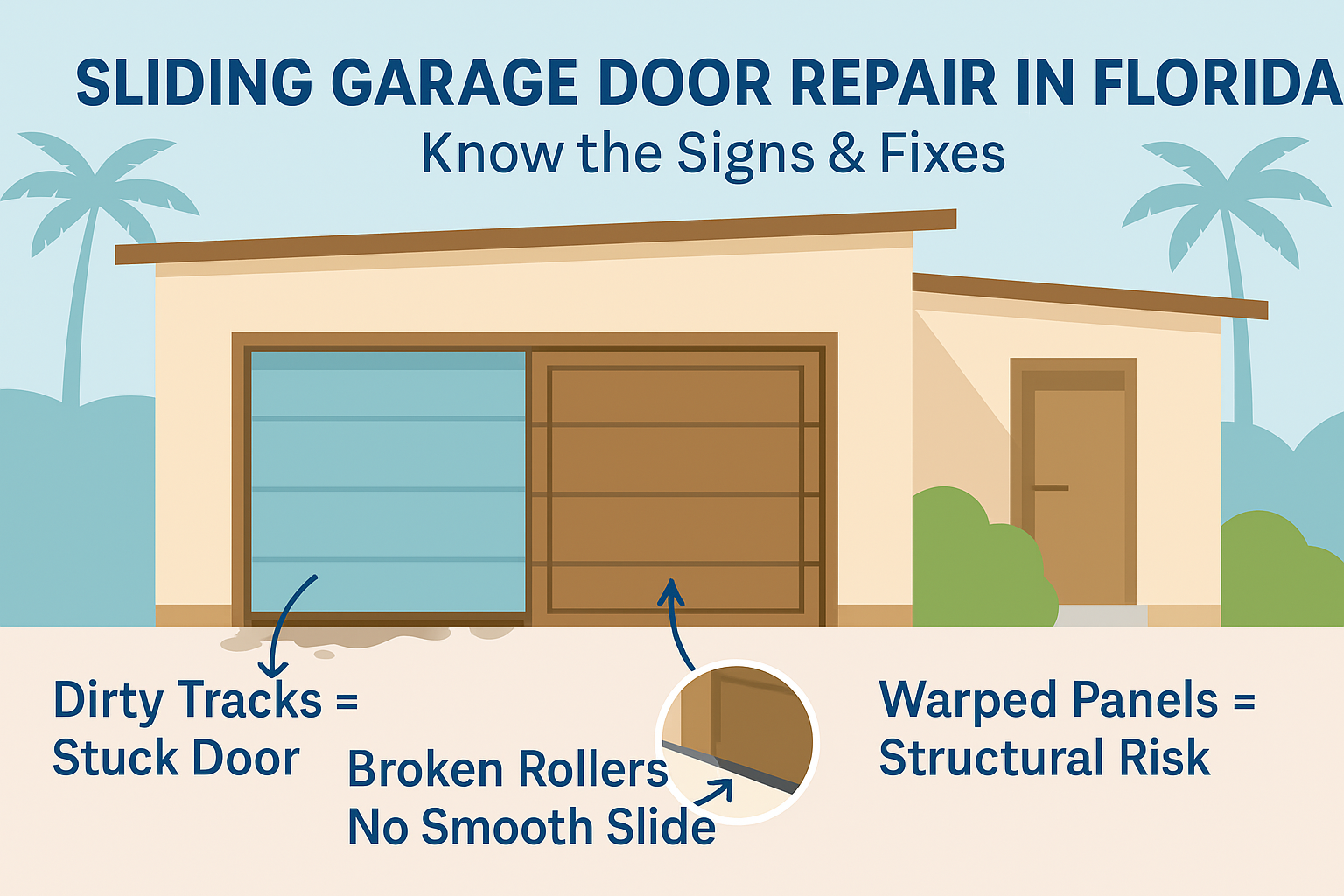 Sliding garage door repair signs: dirty tracks, broken rollers, warped panels in Florida.