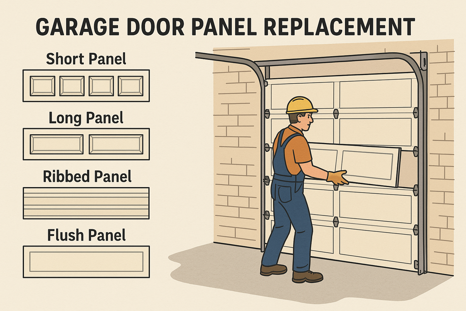 Man replacing a garage door panel. Shows panel types: short, long, ribbed, and flush.