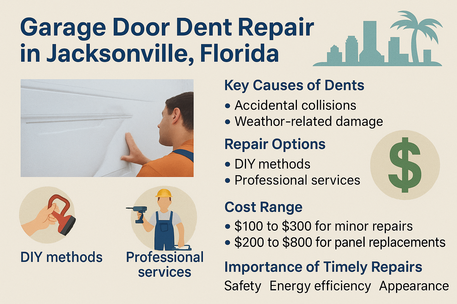 Infographic: Garage door dent repair in Jacksonville, Florida. Lists causes, repair options, and cost range, with visuals.