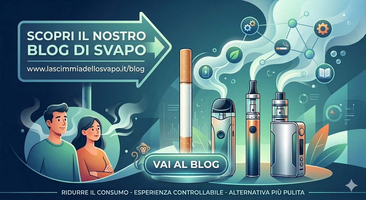 Clicca qui per leggere le ultime guide e novità sul mondo dello svapo Banner illustrato del blog La Scimmia dello Svapo con guida alla sigaretta elettronica 2026