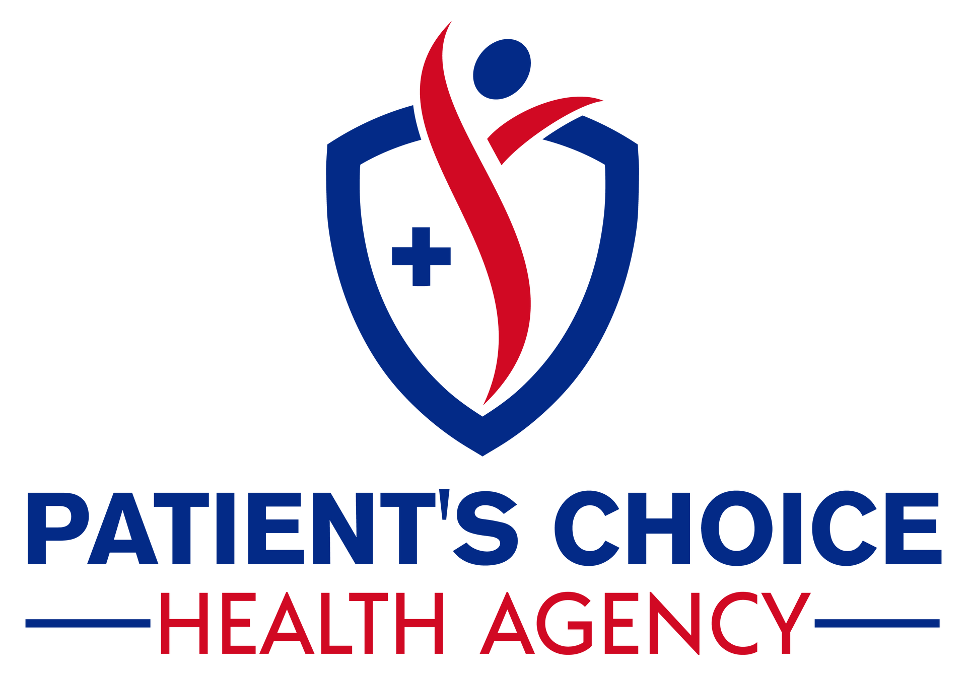 Logo for Patient's Choice Health Agency: blue shield with a red figure reaching up; blue plus sign; and blue text.