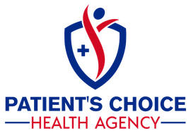 Logo for Patient's Choice Health Agency: blue shield with a red figure reaching up; blue plus sign; and blue text.