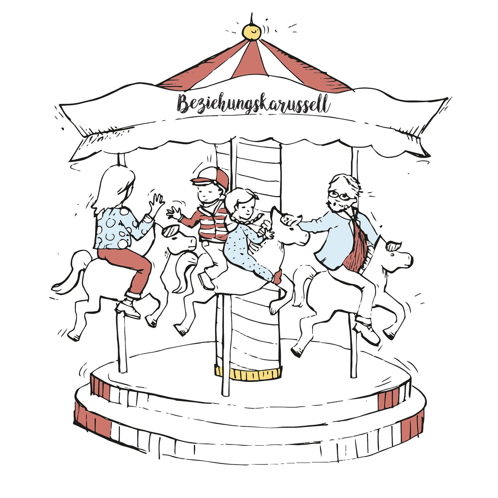 Eine Gruppe von Menschen fährt Karussell.