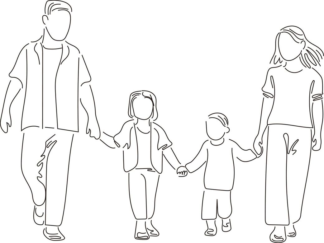 Eine Strichzeichnung einer Familie, die geht und Händchen hält.