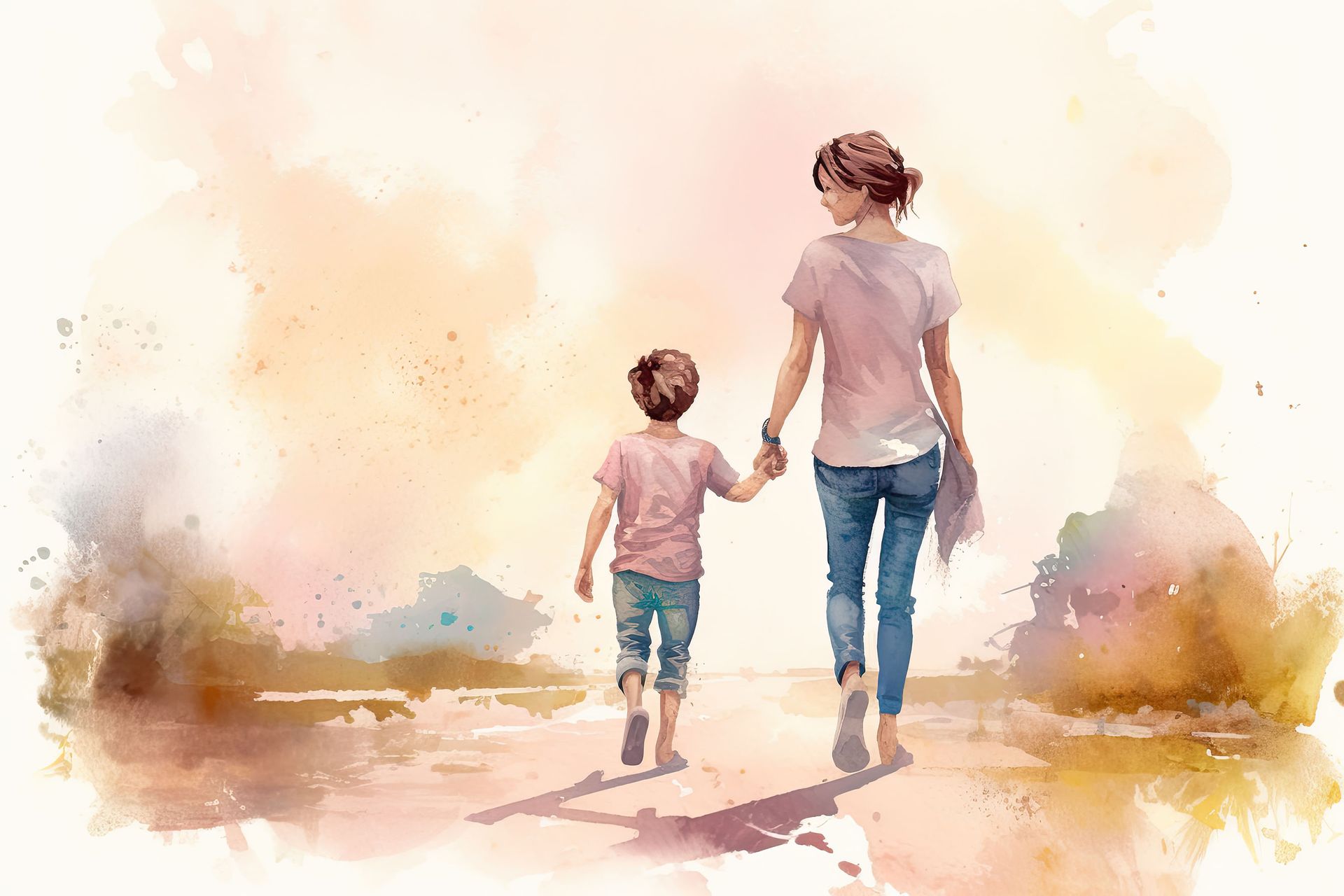 Ein Aquarell, das eine Mutter und ihren Sohn zeigt, die Hand in Hand einen Weg entlanggehen.