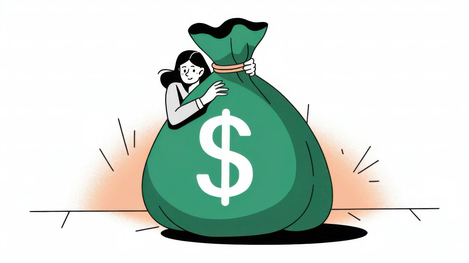 Eine Frau umarmt einen großen grünen Geldsack mit einem Dollarzeichen darauf.