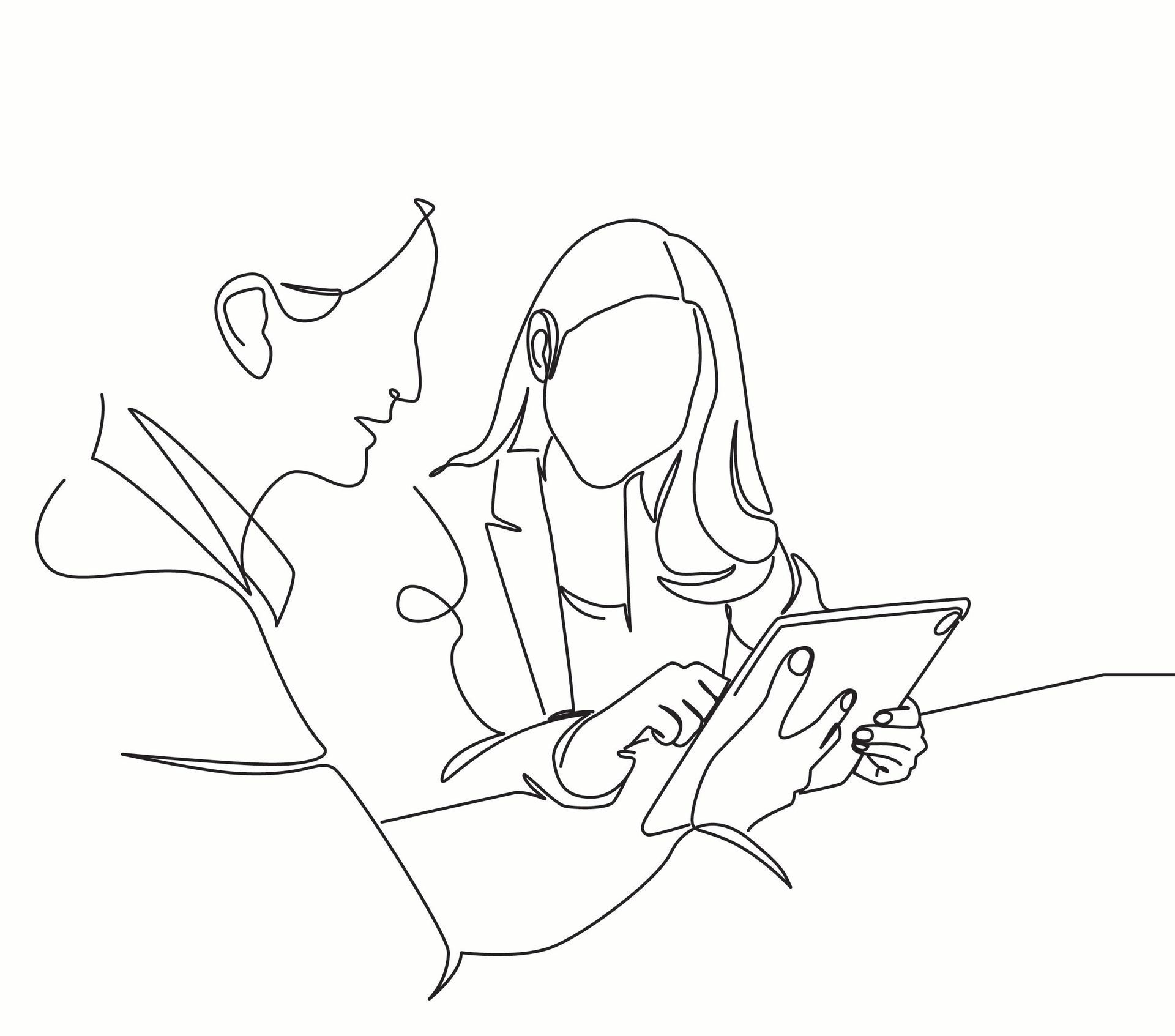 Eine Strichzeichnung eines Mannes und einer Frau, welche nebeneinander sitzen und etwas auf dem Tablet nachschauen.