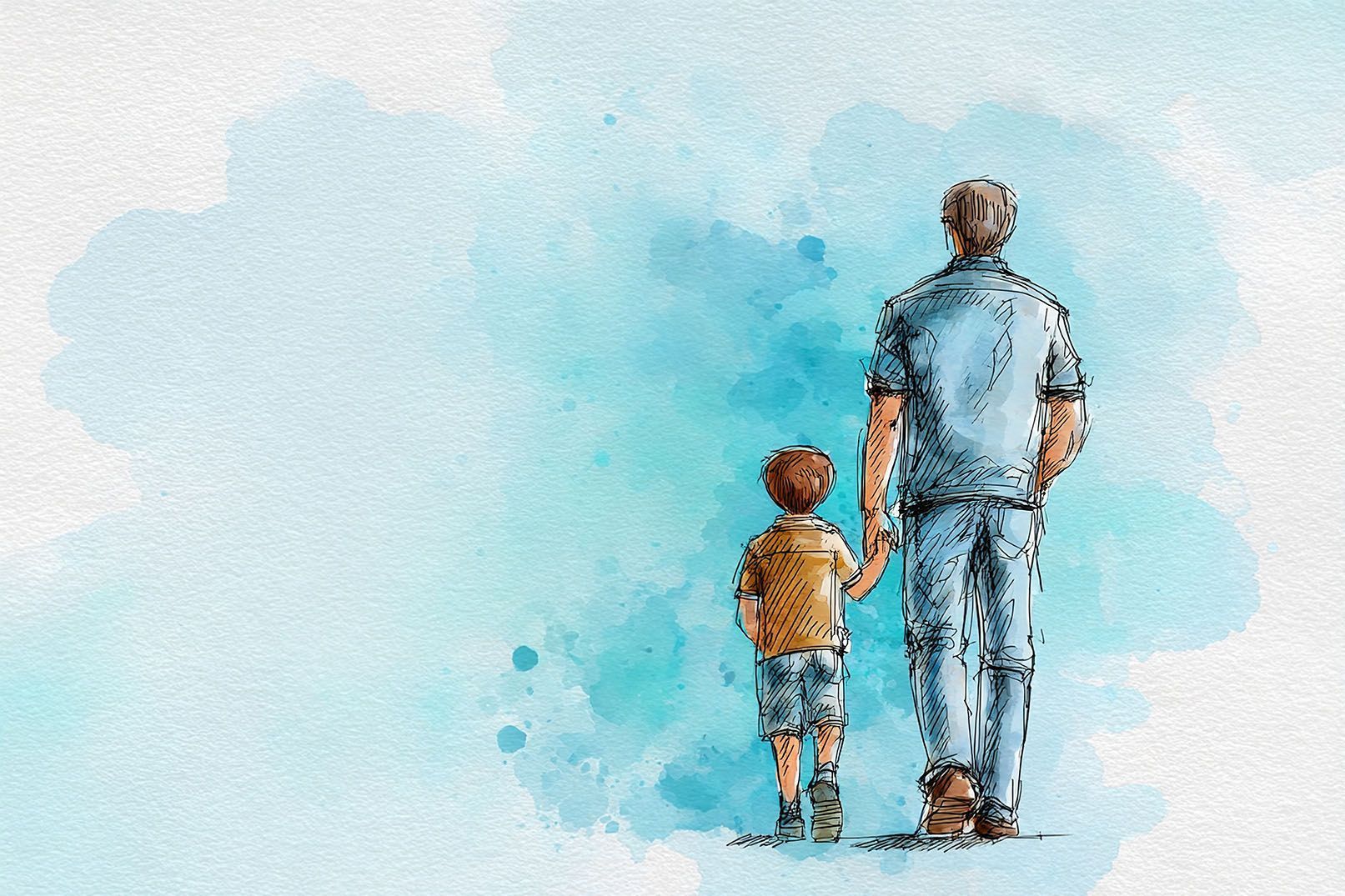 Ein Aquarell, das einen Vater und seinen Sohn zeigt, die Händchen halten.
