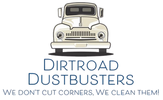 Logo: Vintage truck above "Dirtroad Dustbusters" text; slogan "We don't cut corners, we clean them!"