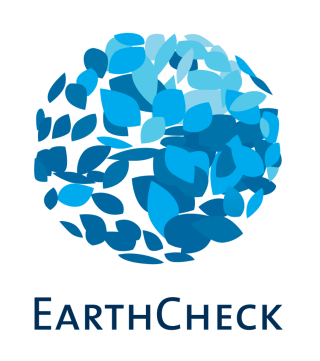 A logo for earthcheck with a blue circle of leaves
