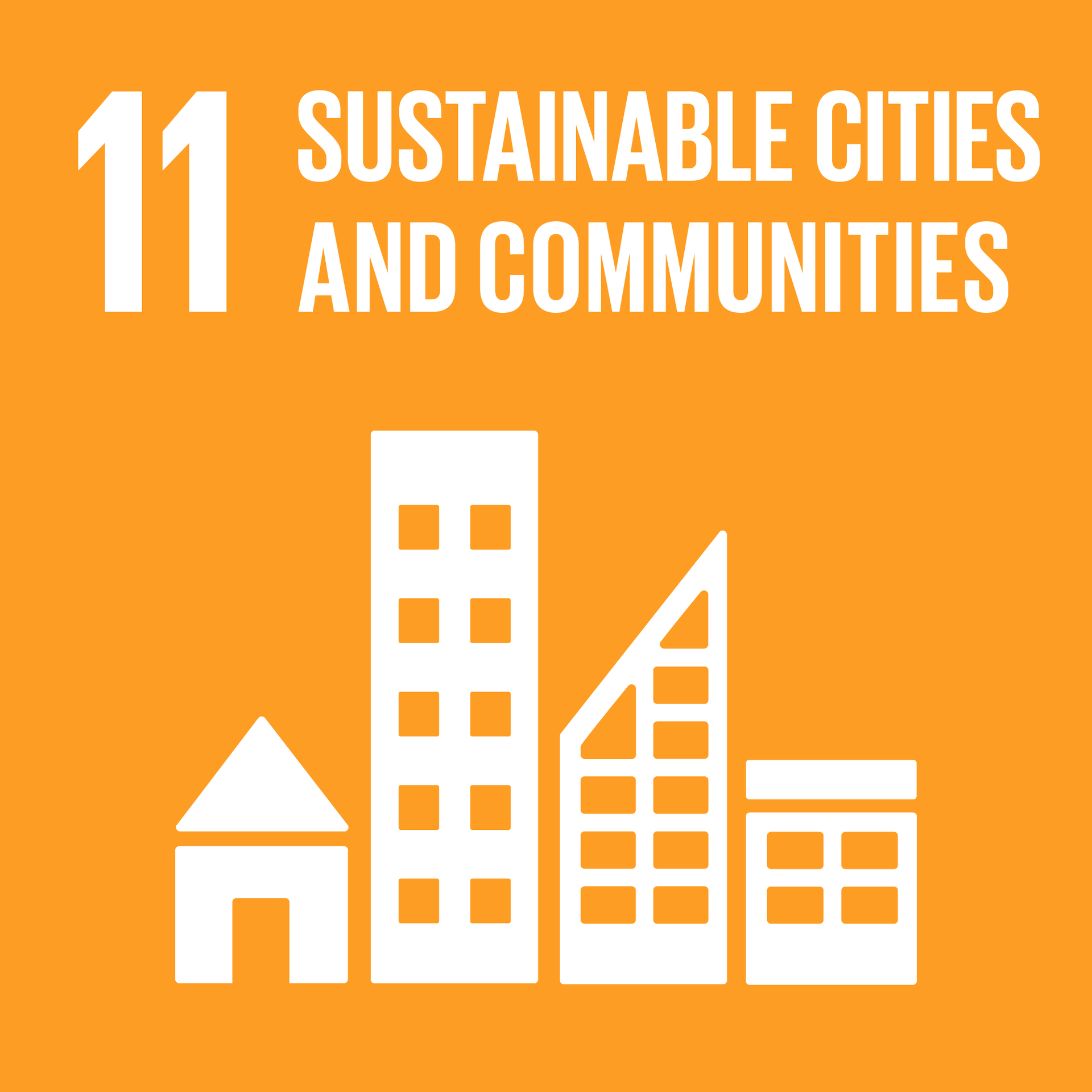 An orange background with a white icon of buildings and the words `` sustainable cities and communities ''.
