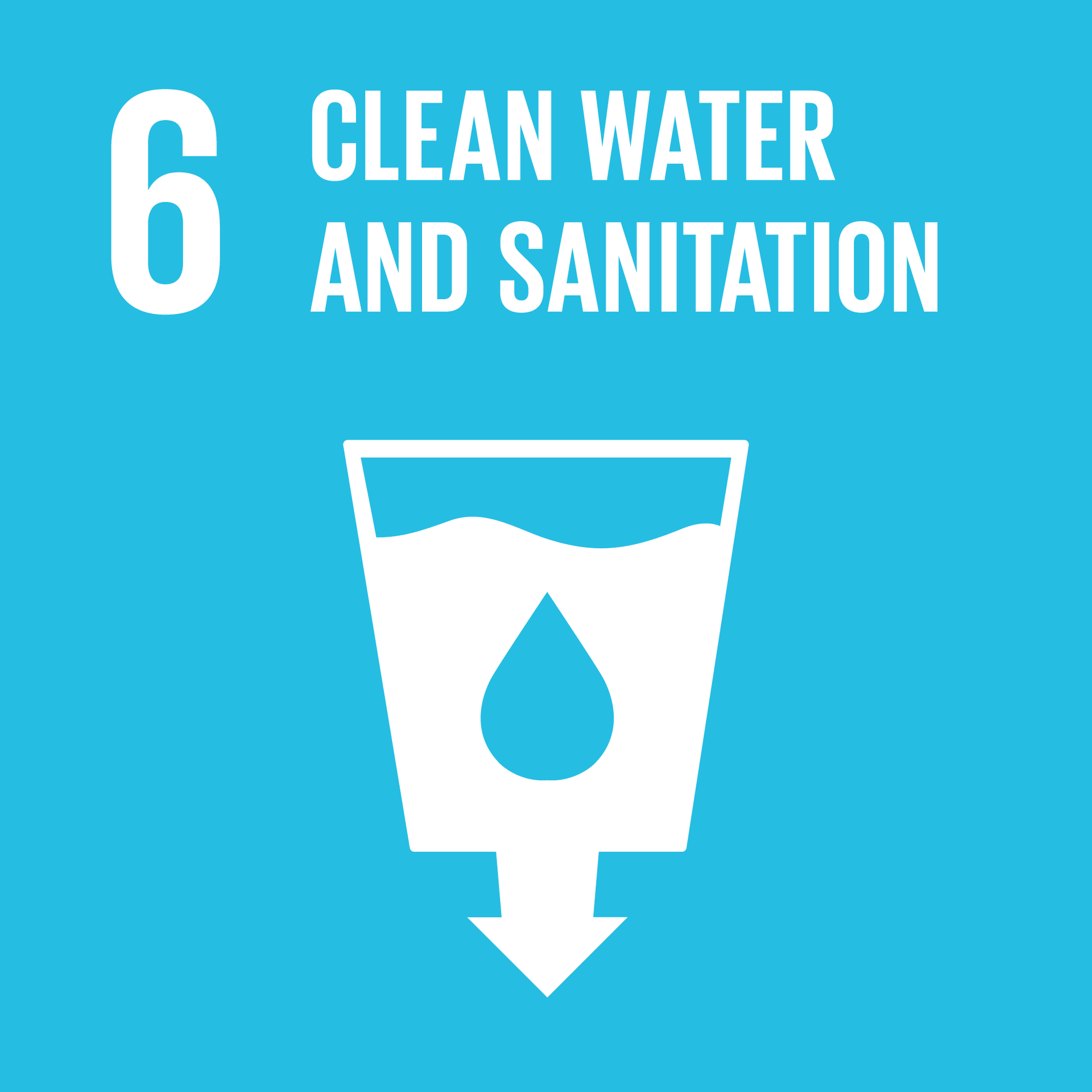 A sign that says `` clean water and sanitation '' with a glass of water and an arrow pointing down.