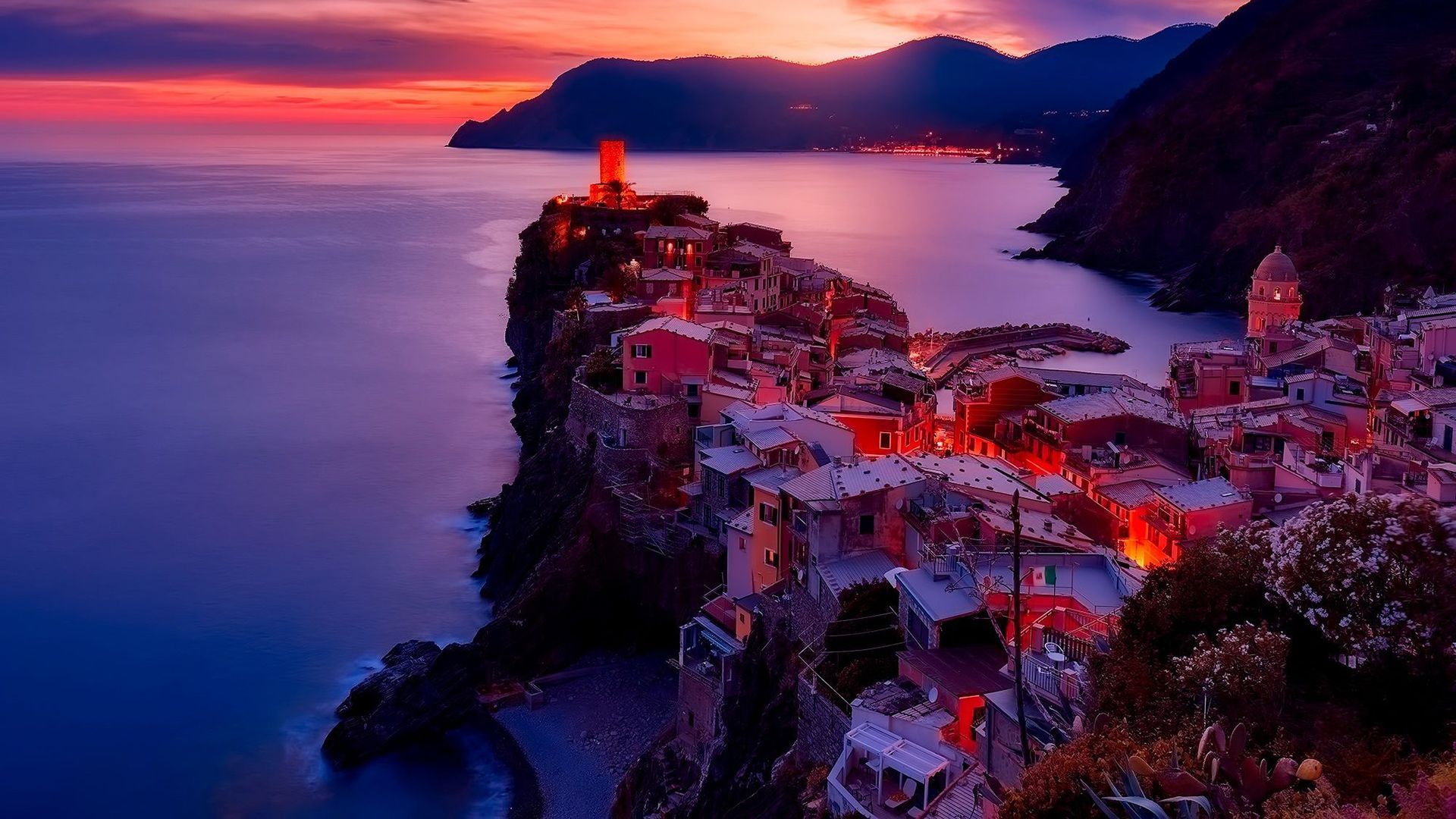 Sunset over the village of Vernazza in Cinque Terre, Italy