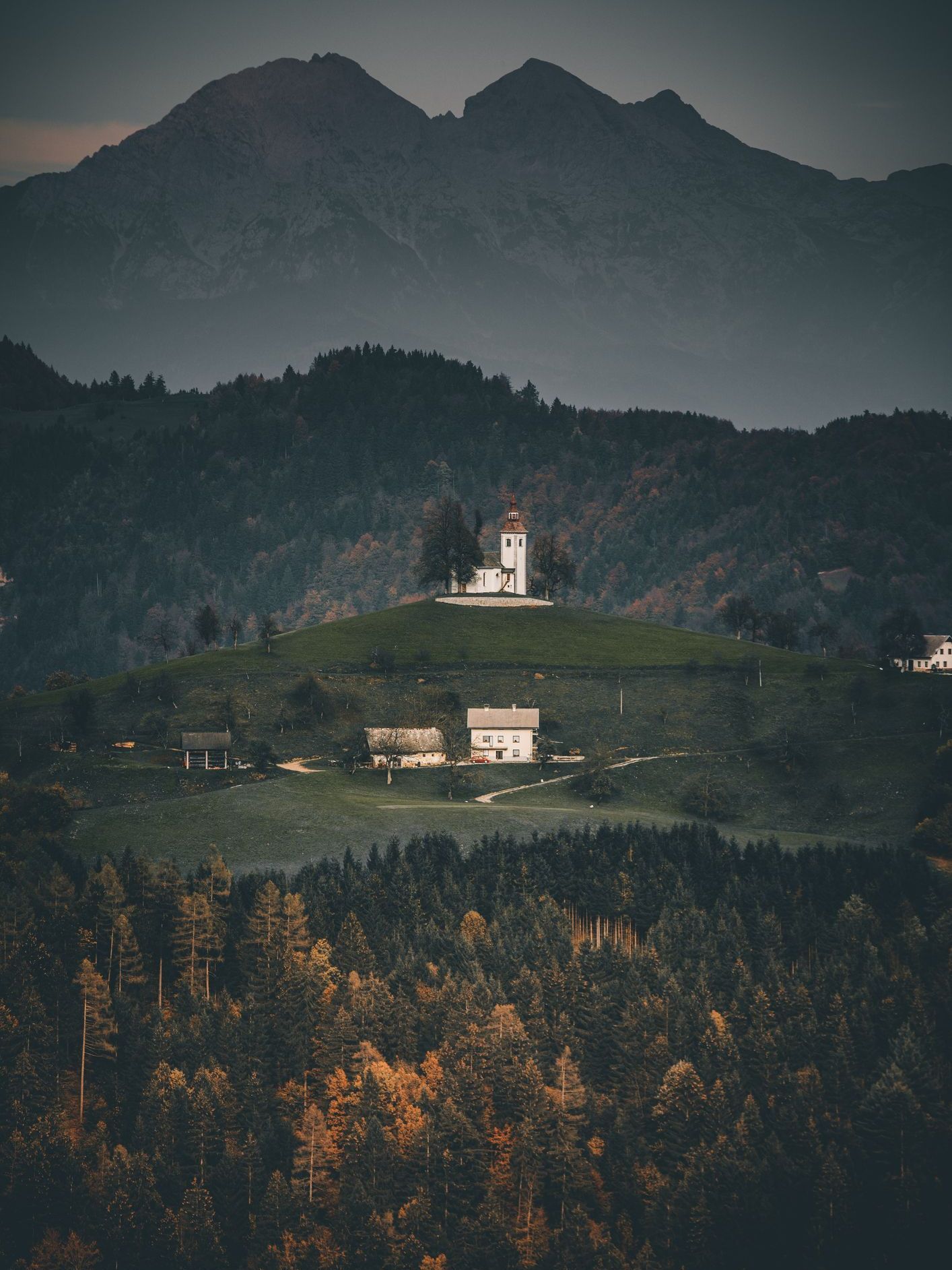 A small white church is sitting on top of a hill in the middle of a forest.