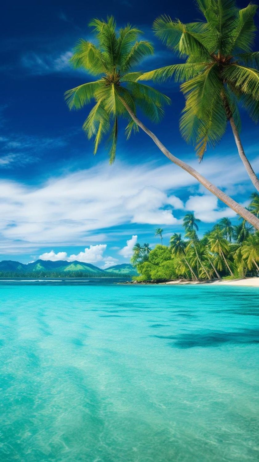 A tropical beach with palm trees and turquoise water