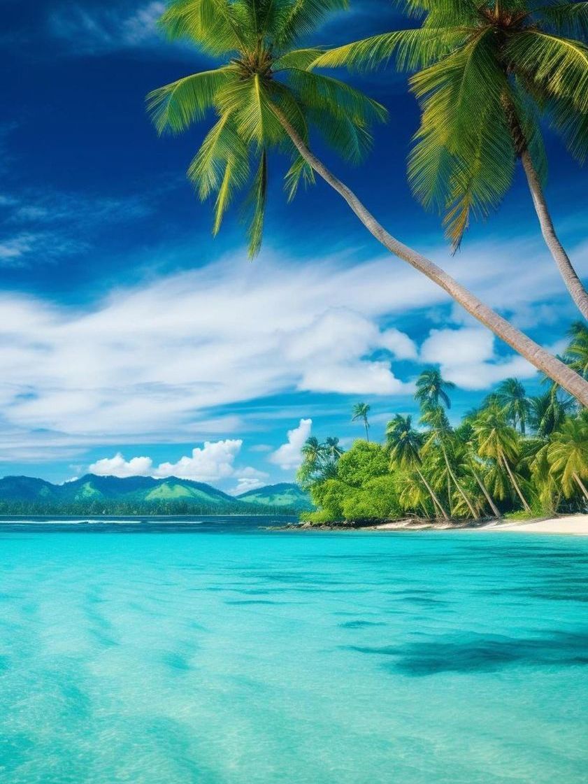 A tropical beach with palm trees and mountains in the background