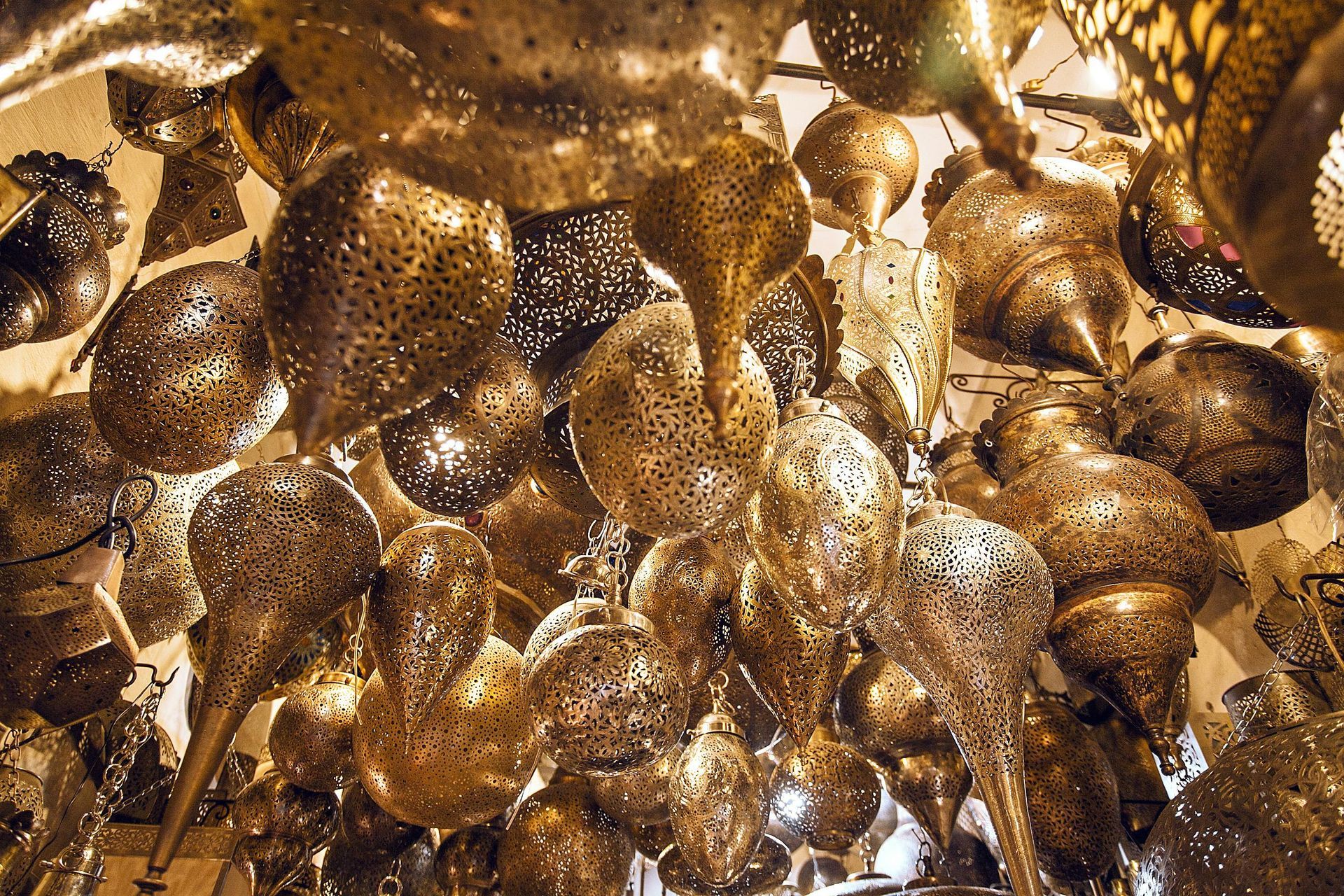 Golden lanterns hanging from the ceiling