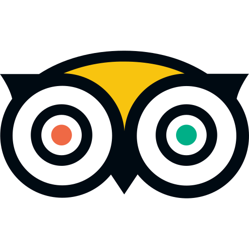 The tripadvisor logo is a cartoon owl with two eyes and a yellow beak.