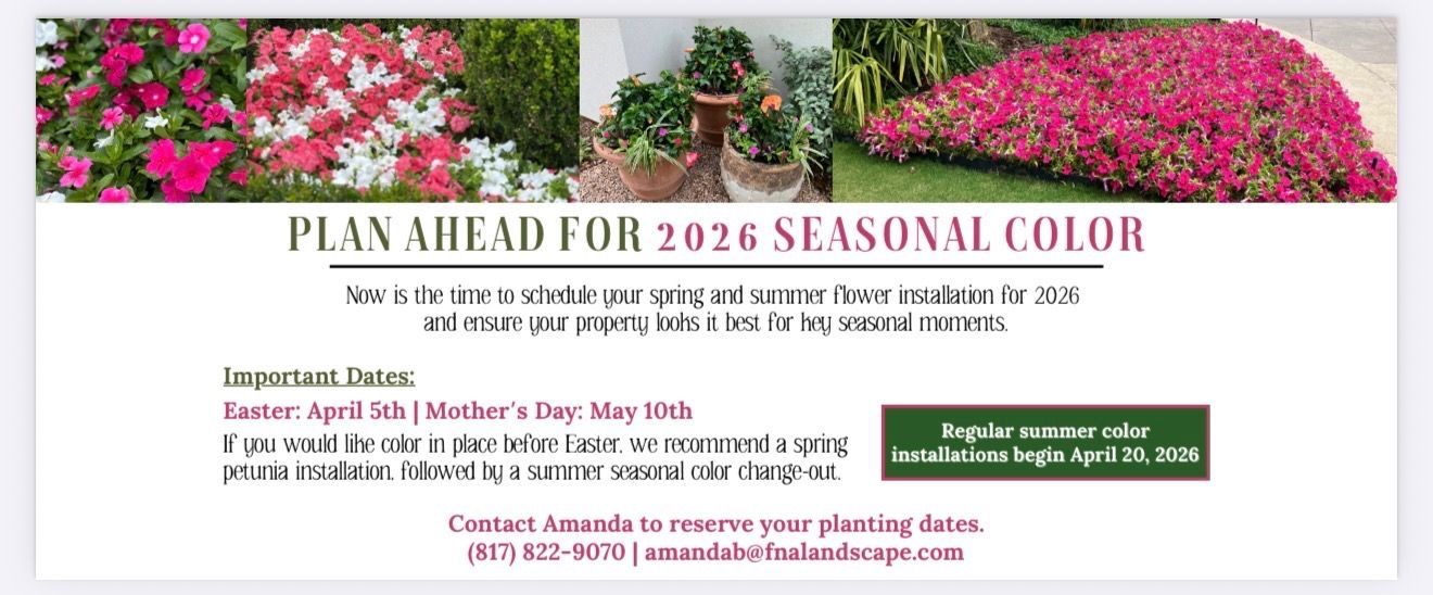 A flyer advertising 2026 seasonal flower planting services with dates, contact information, and photos of blooming flowers.
