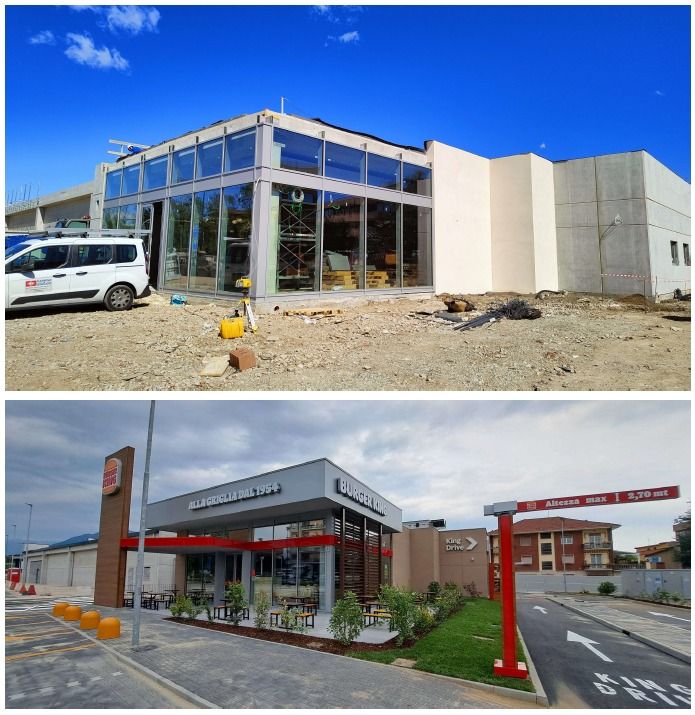 In alto: Edificio in costruzione. In basso: Ristorante Burger King completato con drive-thru.