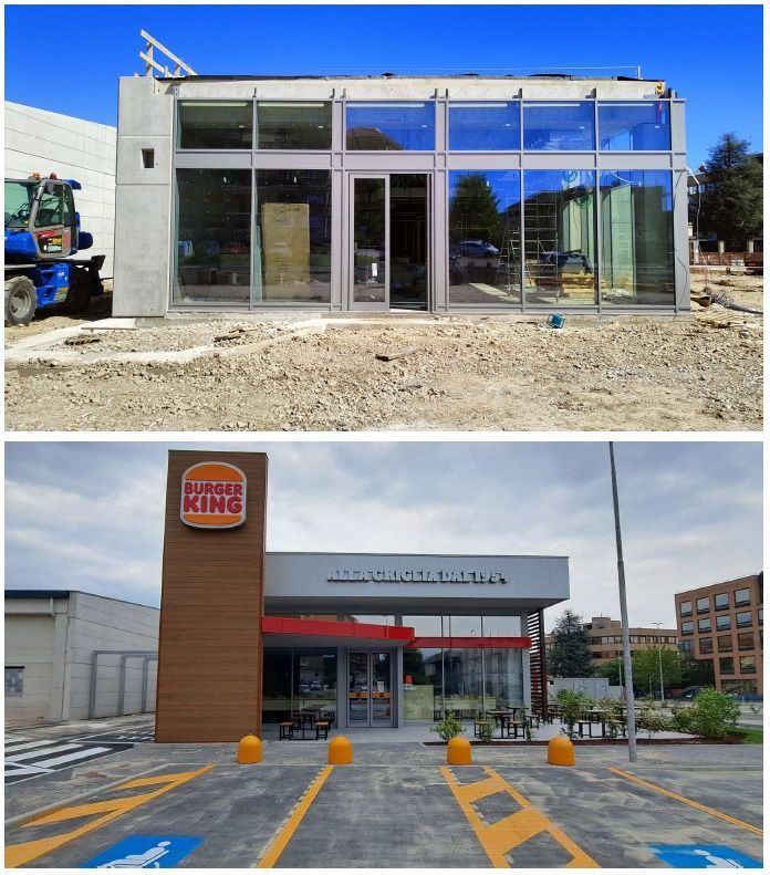 Lavori in corso per il ristorante Burger King, poi completati. Viste esterne, facciata dell'edificio con drive-thru e parcheggio.