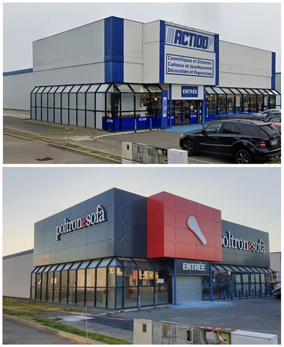 Due negozi al dettaglio, Action e Poltrone e Sofa, con vetrine in vetro.