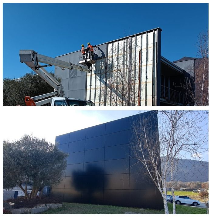 In alto: operai su un ascensore riparano un edificio grigio. In basso: edificio nero dopo la ristrutturazione.