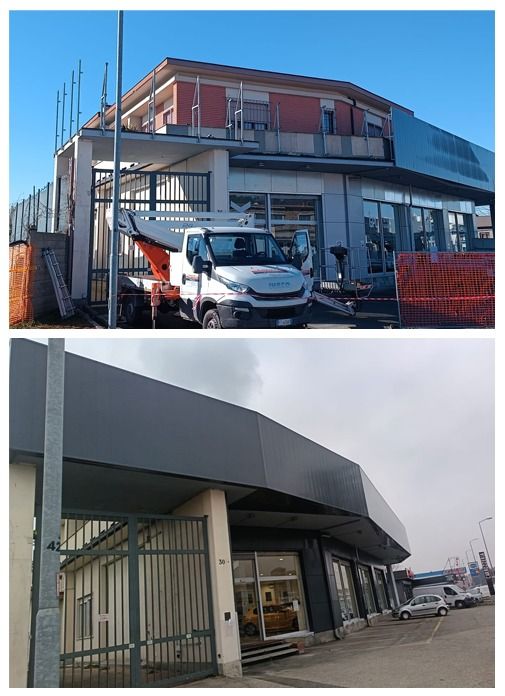 Immagine a due riquadri: un edificio commerciale con tetto piano. Mostra un camion e un cancello metallico.