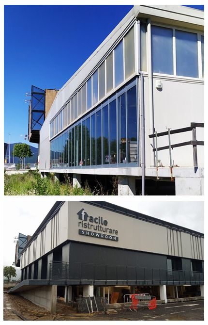 Foto a due pannelli: esterno di un edificio moderno con finestre in vetro e un cartello con la scritta 