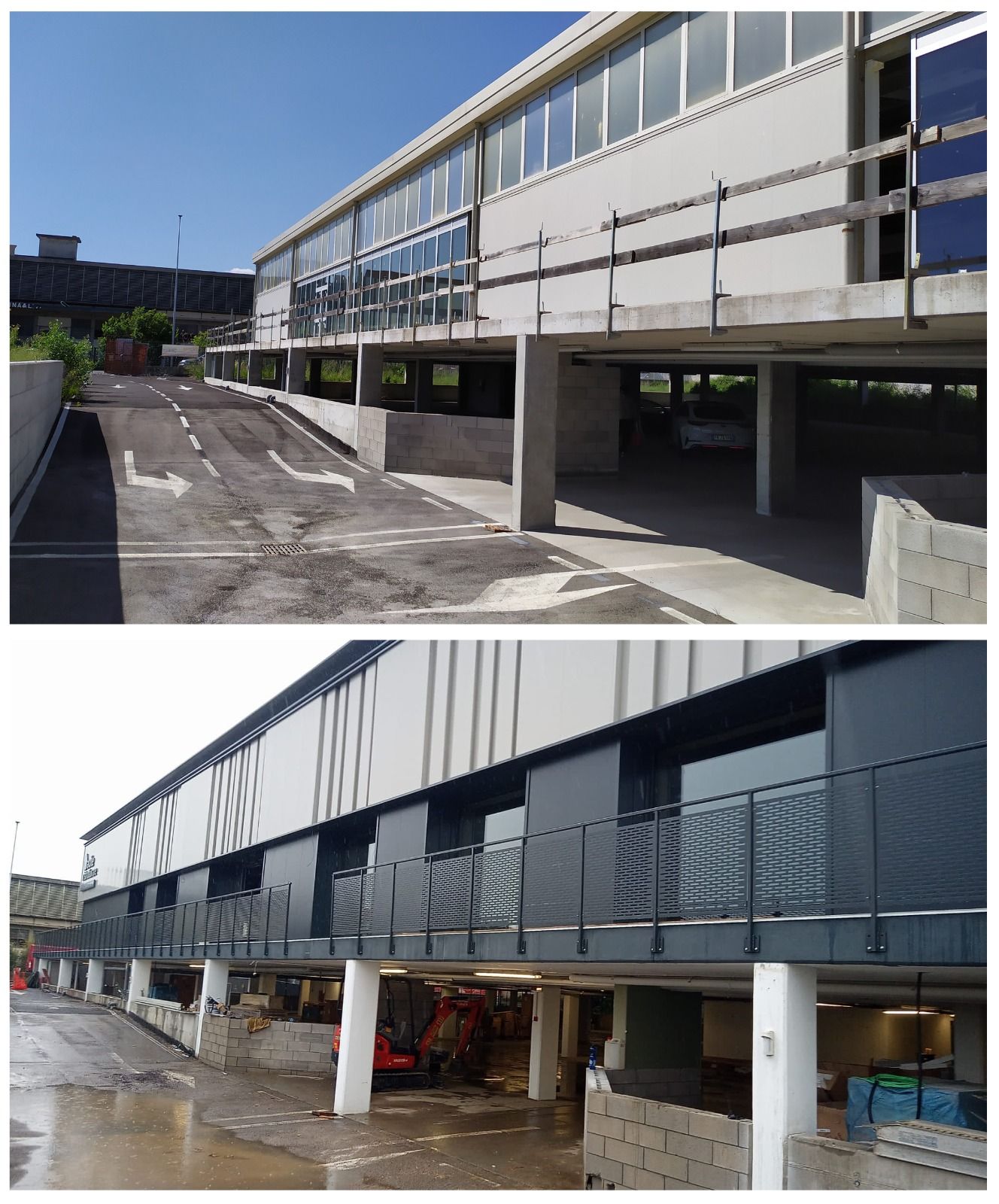 In alto: Edificio con rampa e parcheggio. In basso: Edificio ristrutturato con nuove ringhiere.