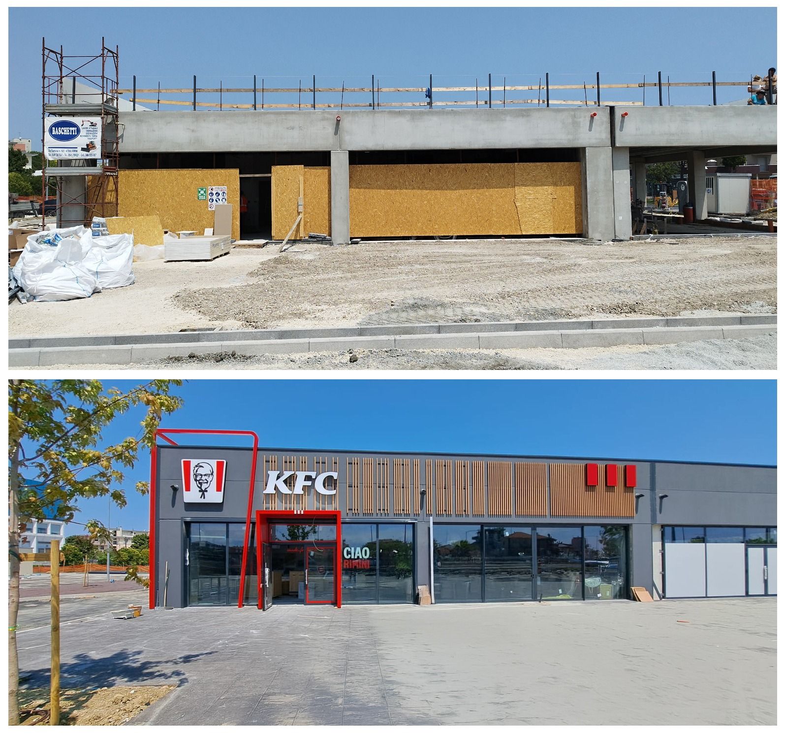 Foto prima/dopo: un KFC in costruzione, poi completato, con logo, insegna e vetrina rossi.