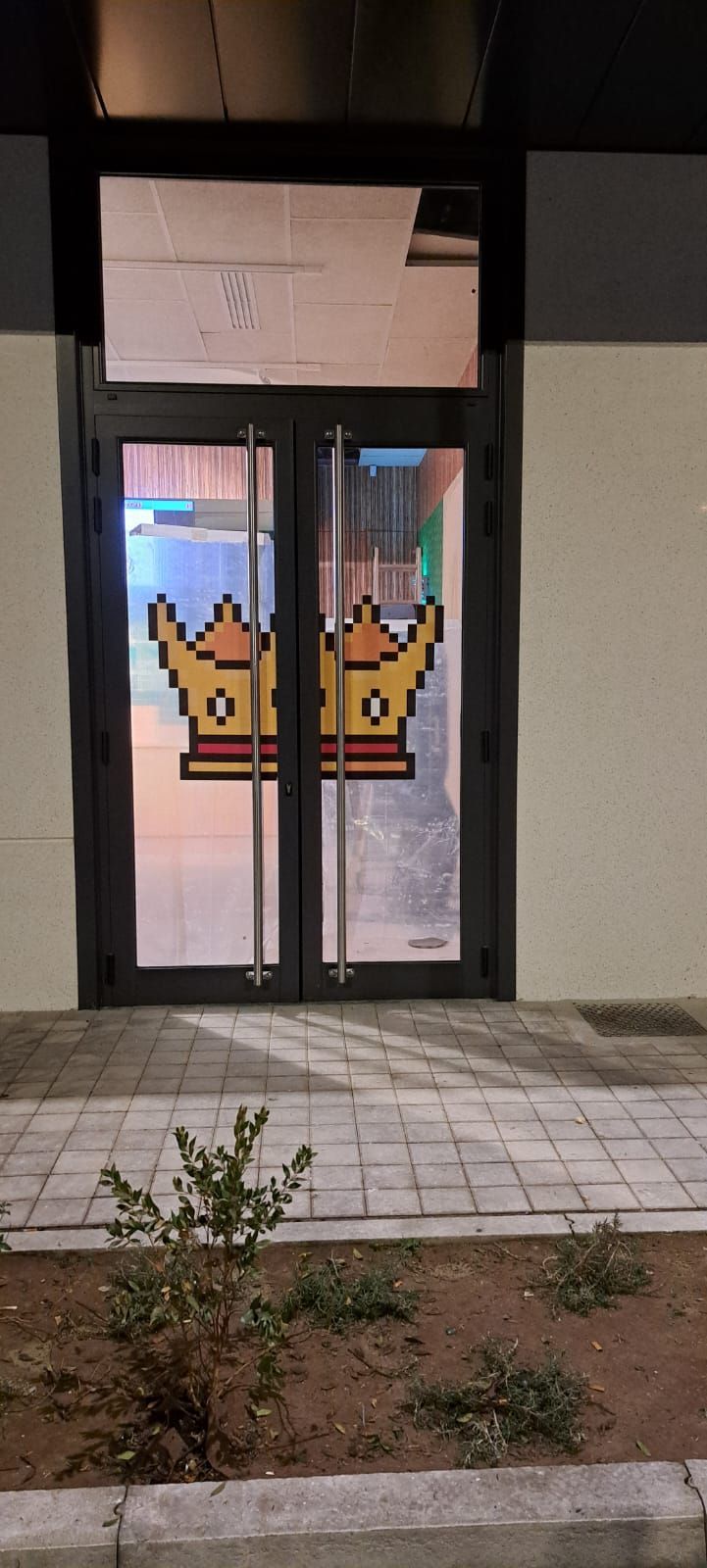 Vista esterna delle porte in vetro con corone pixelate. Vialetto in pietra e piccola pianta.