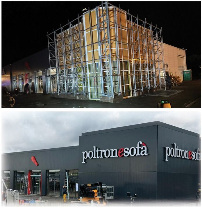Realizzazione di un negozio Poltronesofà: struttura metallica prima, negozio finito dopo, esterno grigio scuro, grande insegna.