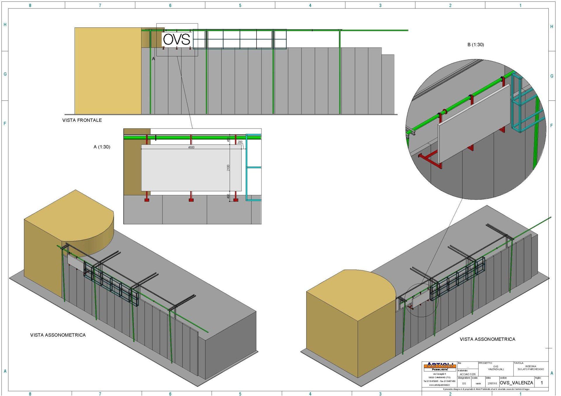 Disegni architettonici di un edificio con pareti grigie, una sezione gialla e tubature verdi e rosse. Sono mostrate diverse viste.