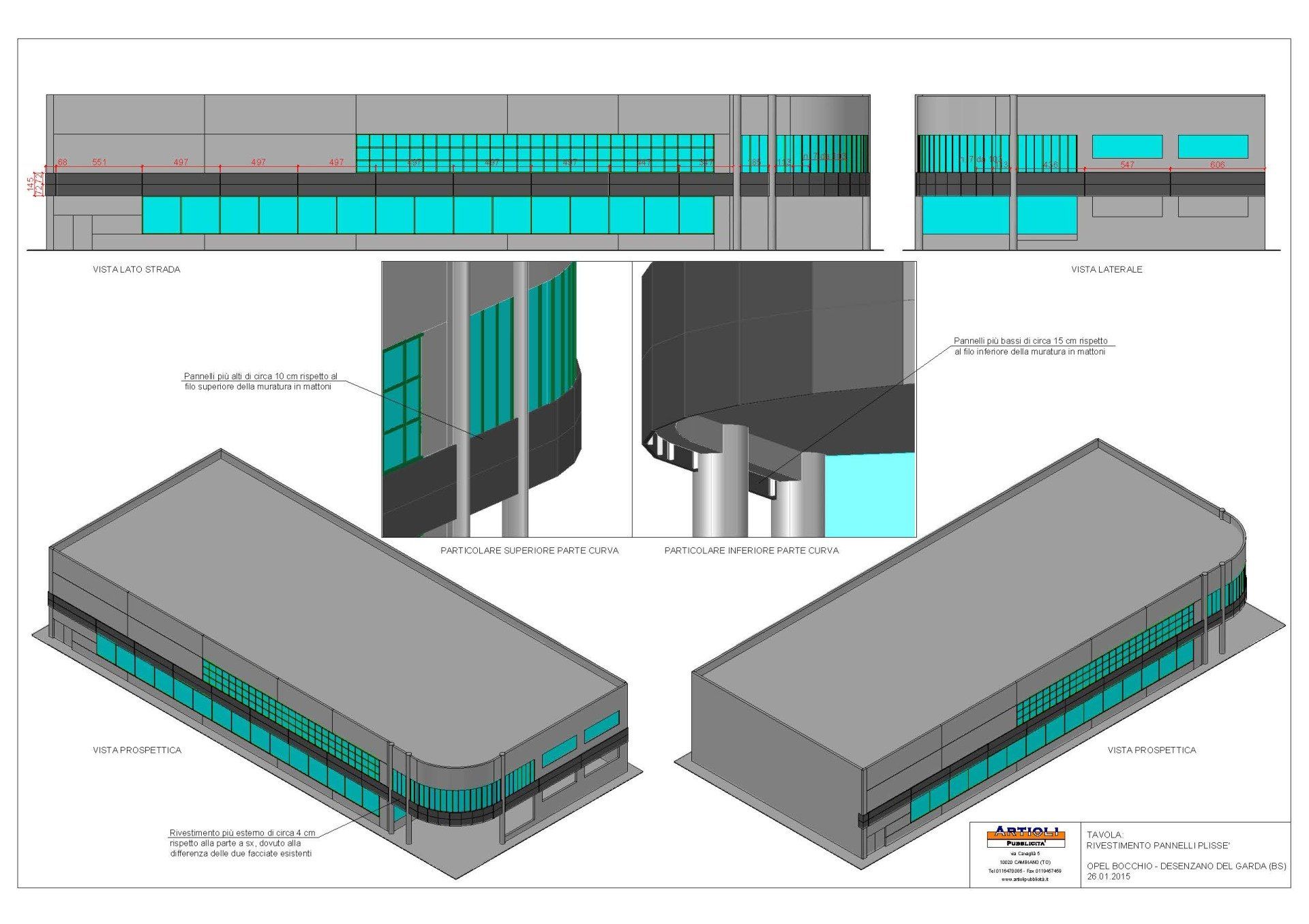 Disegno architettonico di un moderno edificio grigio con finestre color verde acqua; varie viste e sezioni dettagliate.