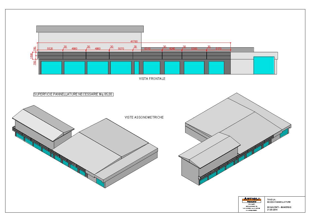 Disegno architettonico di un edificio commerciale con finestre blu e viste isometriche, tetto grigio e sfondo bianco.