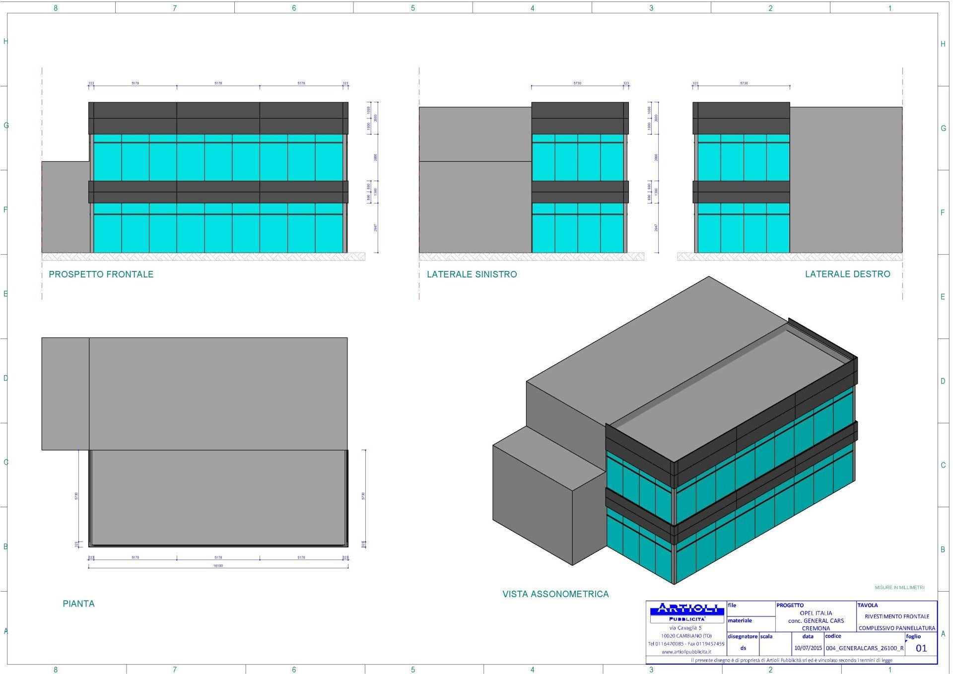Disegni architettonici di un edificio moderno, con sezioni colorate in grigio e verde acqua; include varie viste.