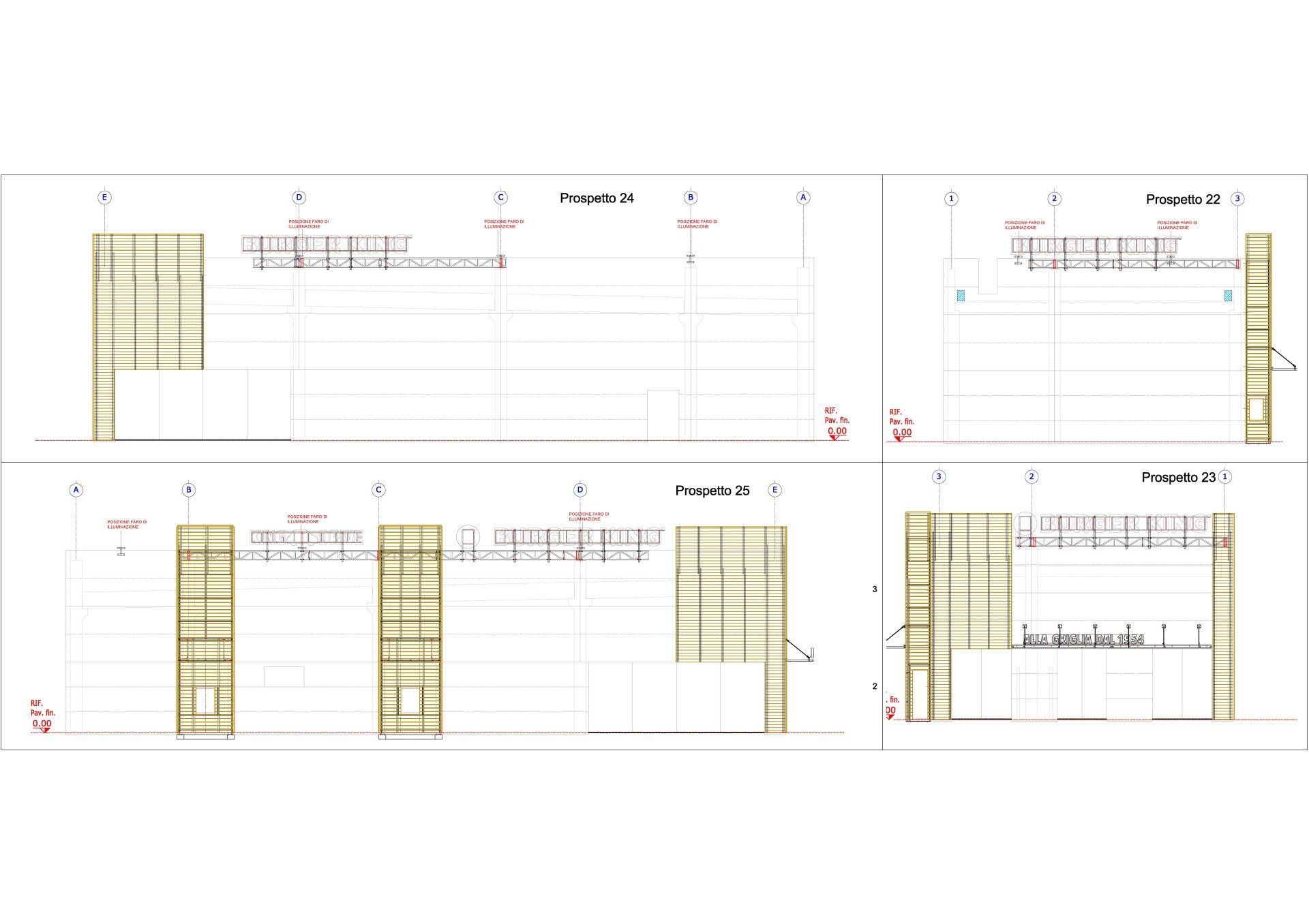 Disegni architettonici che mostrano le alzate di un edificio con una facciata a griglia e dettagli interni.