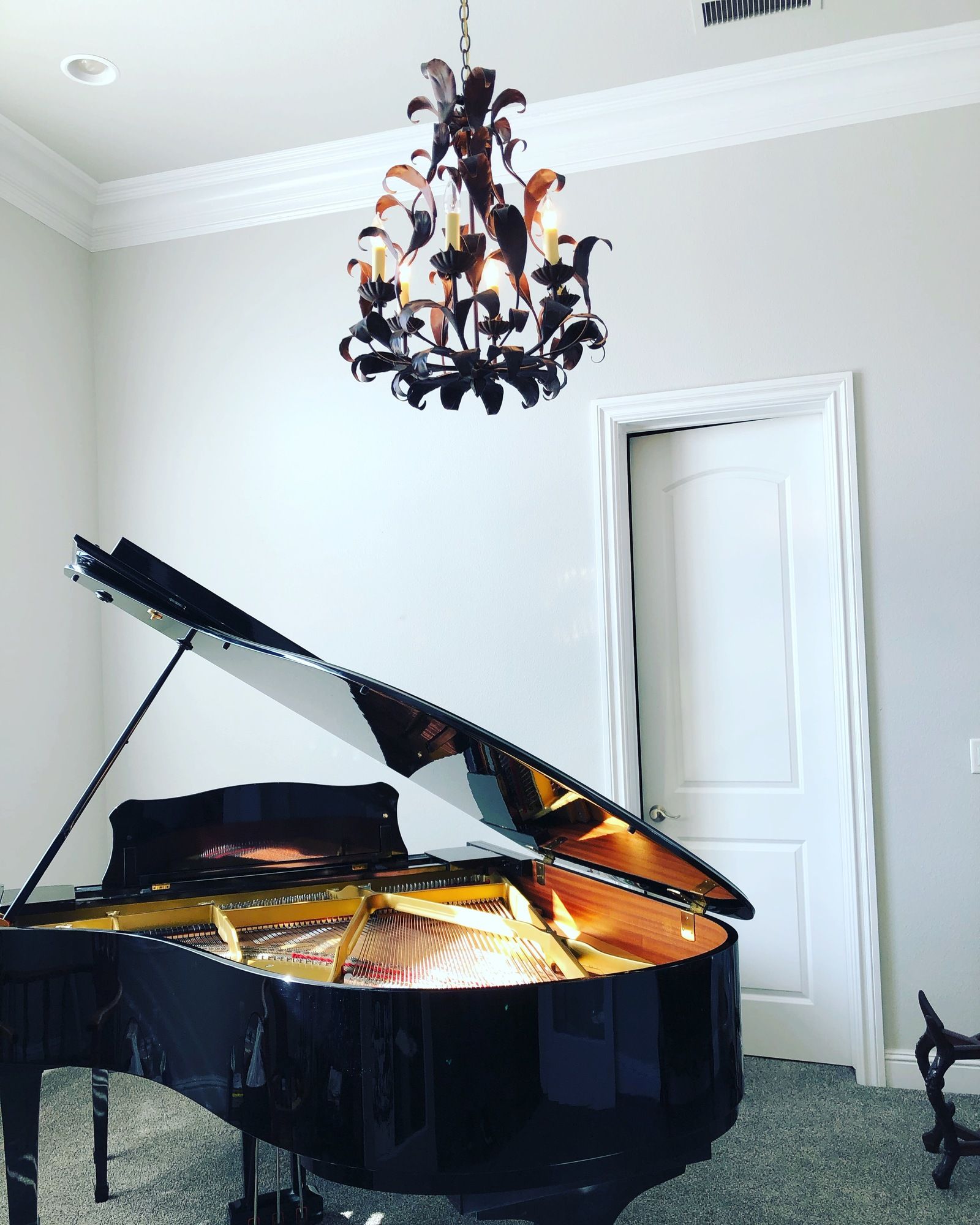 a piano in a room with a chandelier hanging from the ceiling
