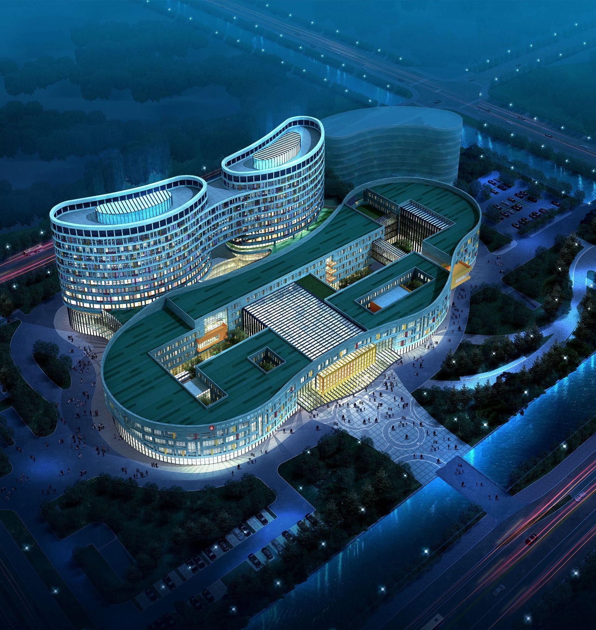 An aerial view of a large building at night