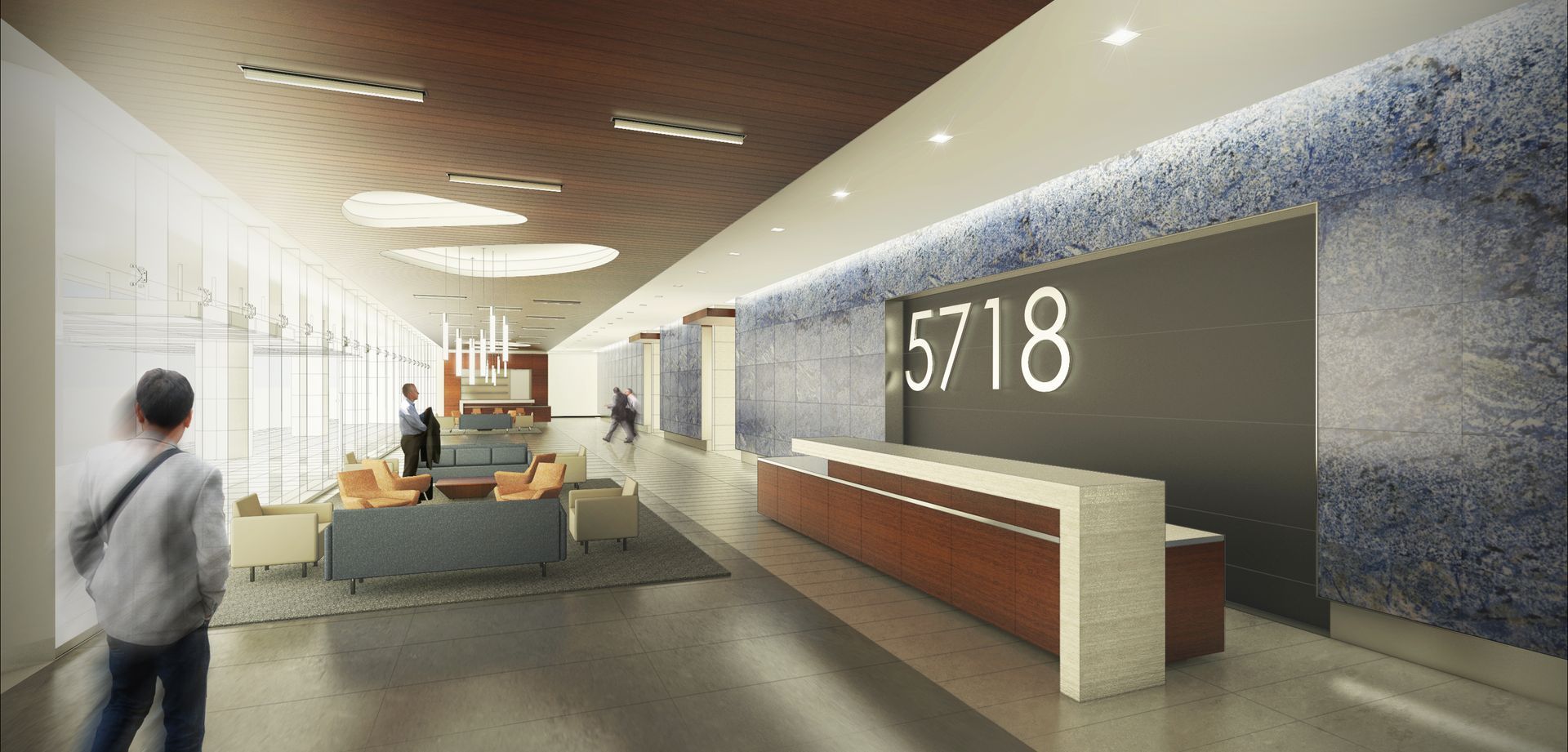 An artist 's impression of a lobby with the number 5718 on the wall