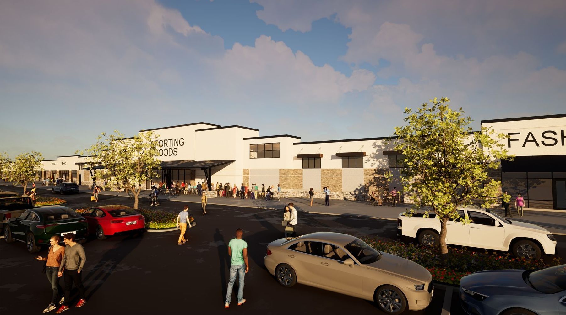 An artist 's impression of a shopping center with cars parked in front of it.