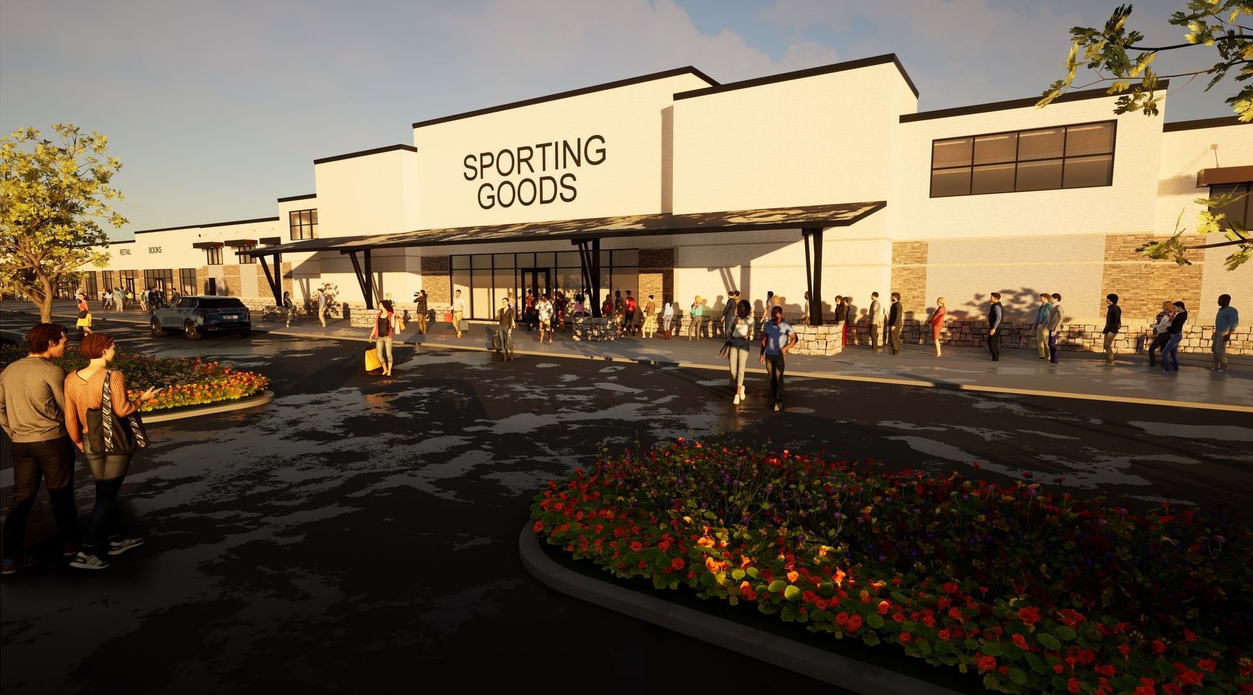 A group of people are standing in front of a large white building.